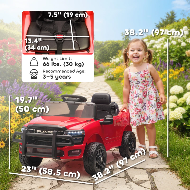 Qaba 12V Ride on Car, Licensed Dodge RAM 3500 Electric Vehicle with Remote Control, Suspension for 3-5 Years, Red