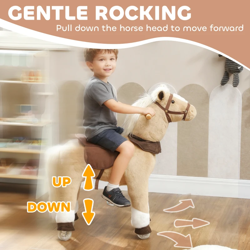 Qaba Ride on Horse, Plush Riding Pony for Ages 3-5, Walking Horse Animal with Wheels for Active Play, Brown