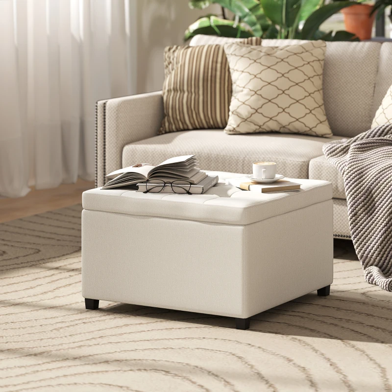 HOMCOM Round Storage Ottoman Bench, Button Tufted Ottoman with Flip Top for Living Room, Entryway and Bedroom, Beige