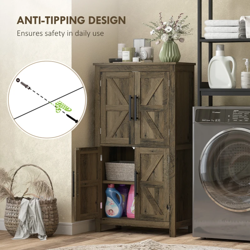 HOMCOM Bathroom Floor Storage Cabinet, Farmhouse Bathroom Cabinet with 4 Doors and Adjustable Shelf, Brown