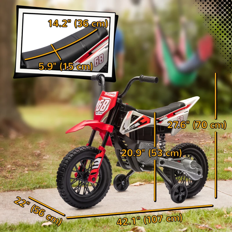 Qaba 12V Kids Dirt Bike, Electric Motorcycle with Twist Grip Throttle, Training Wheels, Rear Suspension & Music, Red