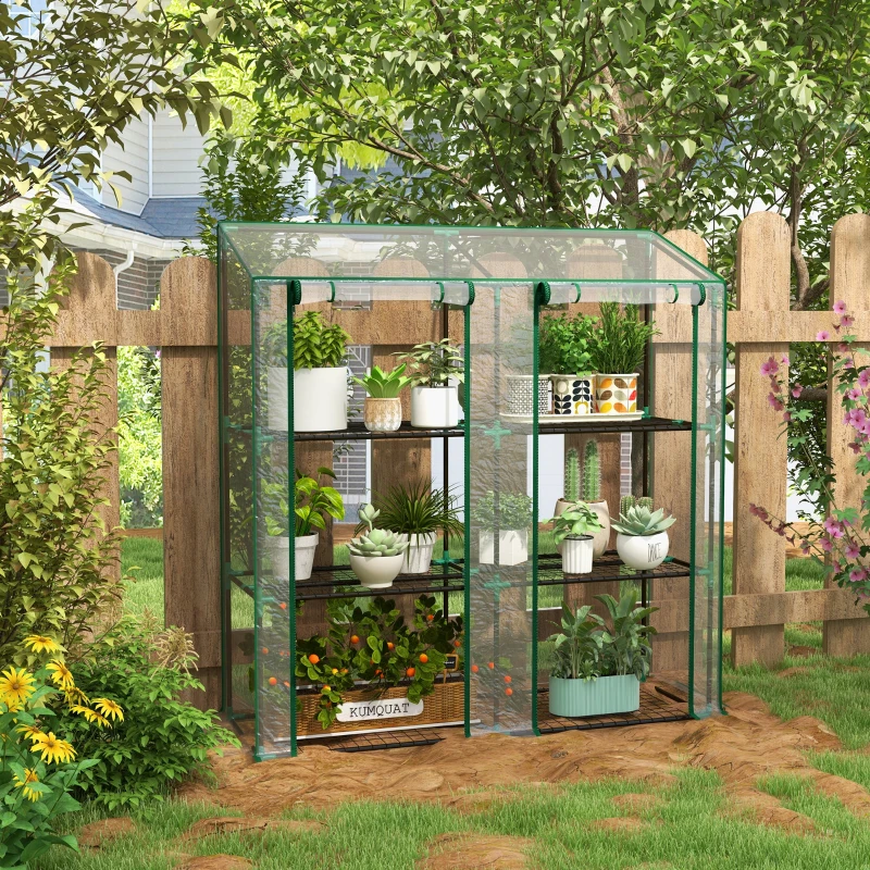 Outsunny Lean-to Greenhouse, Portable Greenhouse with 3 Tier Shelves, 2 Roll-Up Zippered Doors, 56.3" x 18.1" x 59.4", Clear