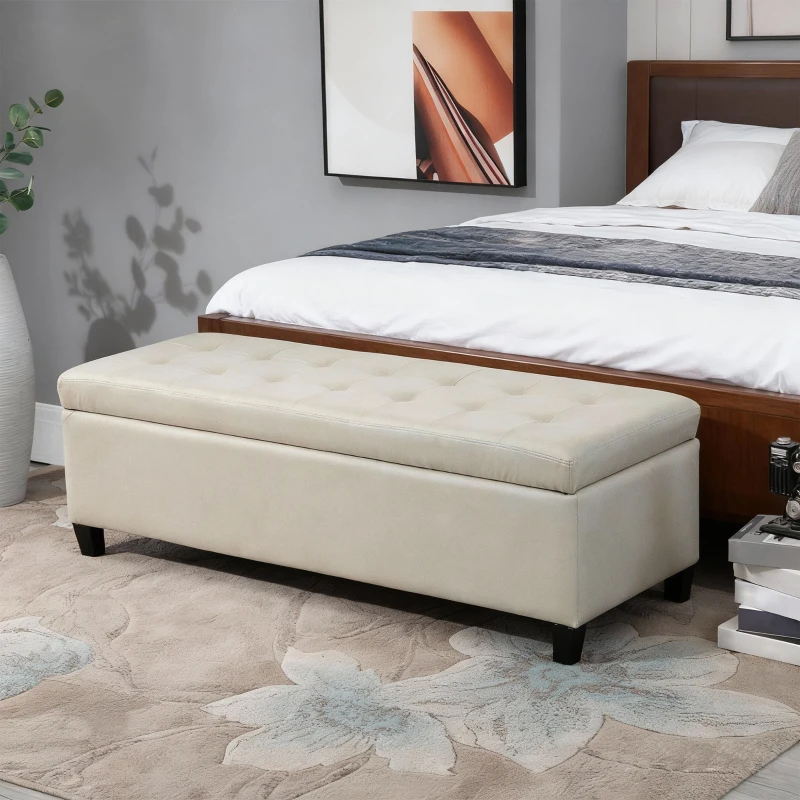 HOMCOM 51" Ottoman Storage Bench, Linen Fabric Storage Chest with Lift Top, Tufted Ottoman with Storage for Living Room, Entryway, Bedroom, Beige