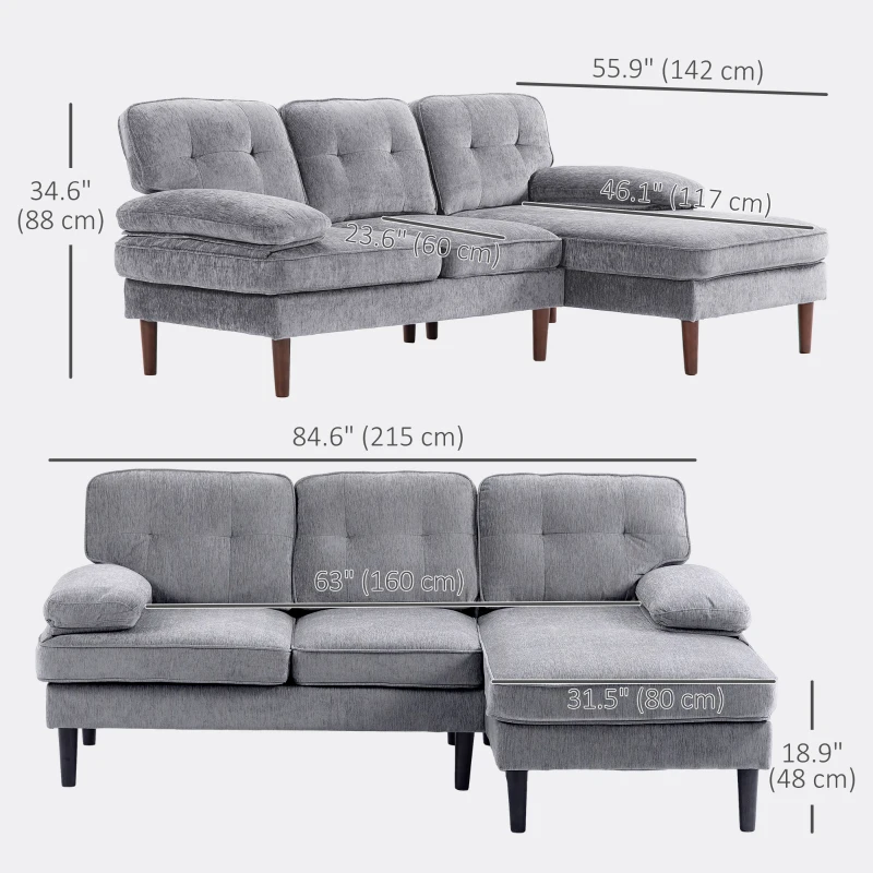 HOMCOM Modern Corner Couch with Right Chaise Lounge, Tufted 3-Seater Sofa with Wooden Legs for Living Room, Grey