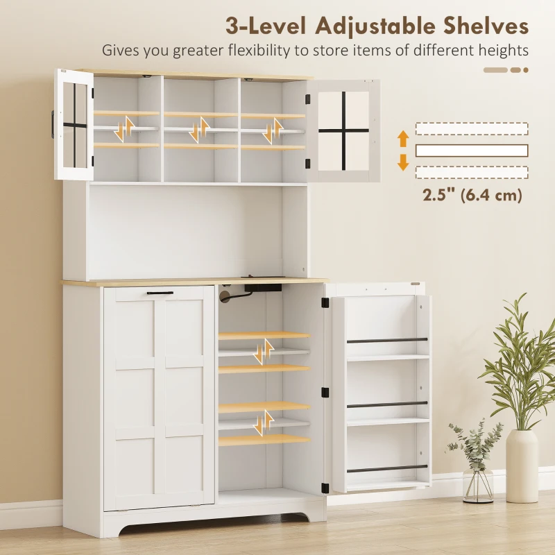 HOMCOM Kitchen Pantry Cabinet with Charging Station, 7 Gallon Trash Can Cabinet, Adjustable Shelves and Acrylic Doors, White