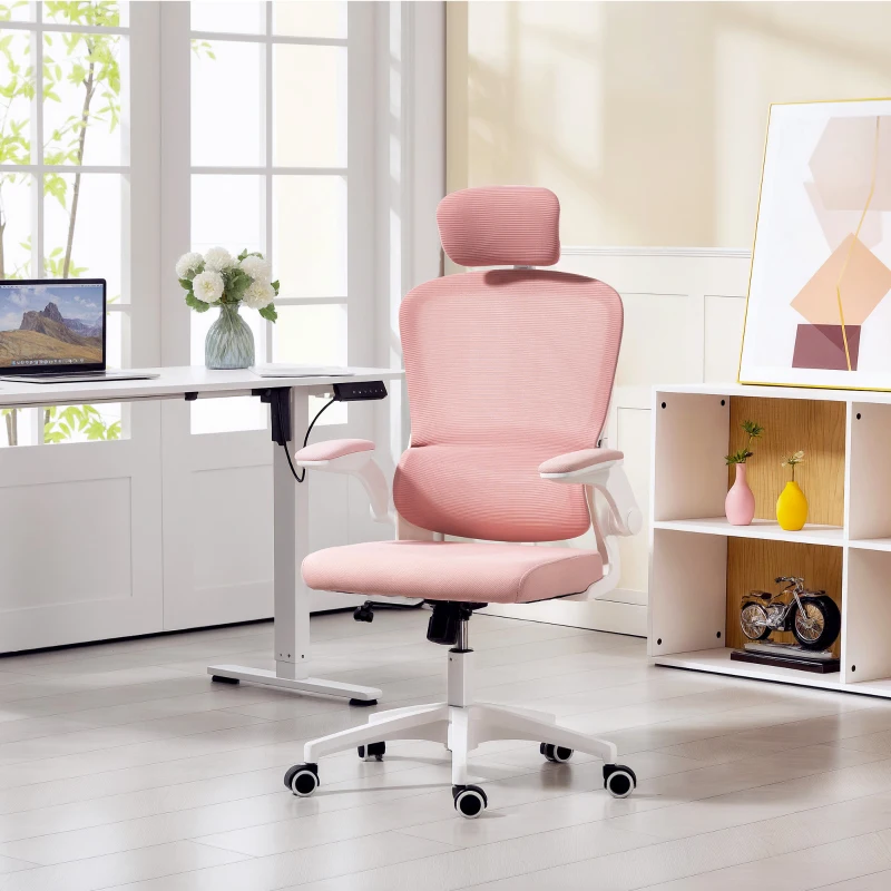 HOMCOM Ergonomic Mesh Office Chair, High Back Desk Chair with Rotatable Headrest, Flip-Up Armrests, Lumbar Support, Pink