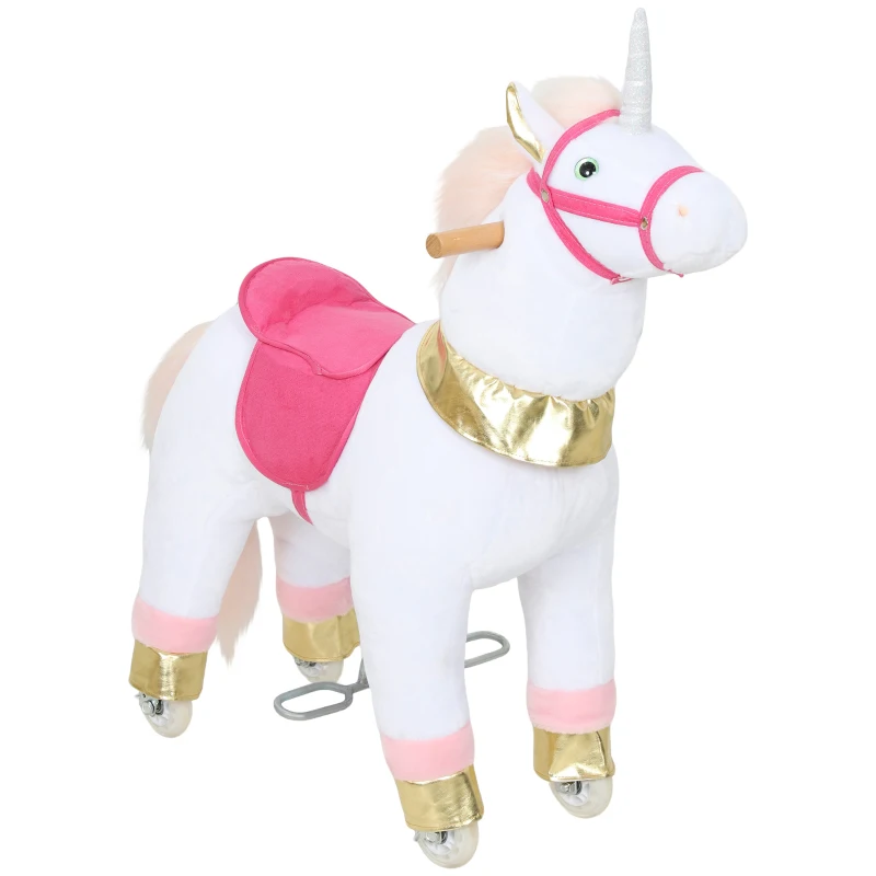 Qaba Ride on Unicorn Toy for Kids 3-5 Years, 29.5 Inch Plush Baby Rocking Horse with Wheels, No Battery Required, White