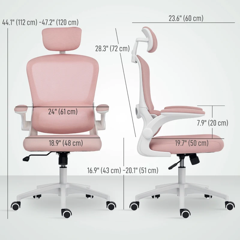 HOMCOM Ergonomic Mesh Office Chair, High Back Desk Chair with Rotatable Headrest, Flip-Up Armrests, Lumbar Support, Pink
