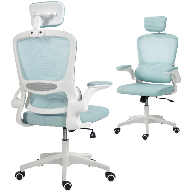 HOMCOM Ergonomic Mesh Office Chair, High Back Desk Chair with Rotatable Headrest, Flip-Up Armrests, Lumbar Support, Light Green