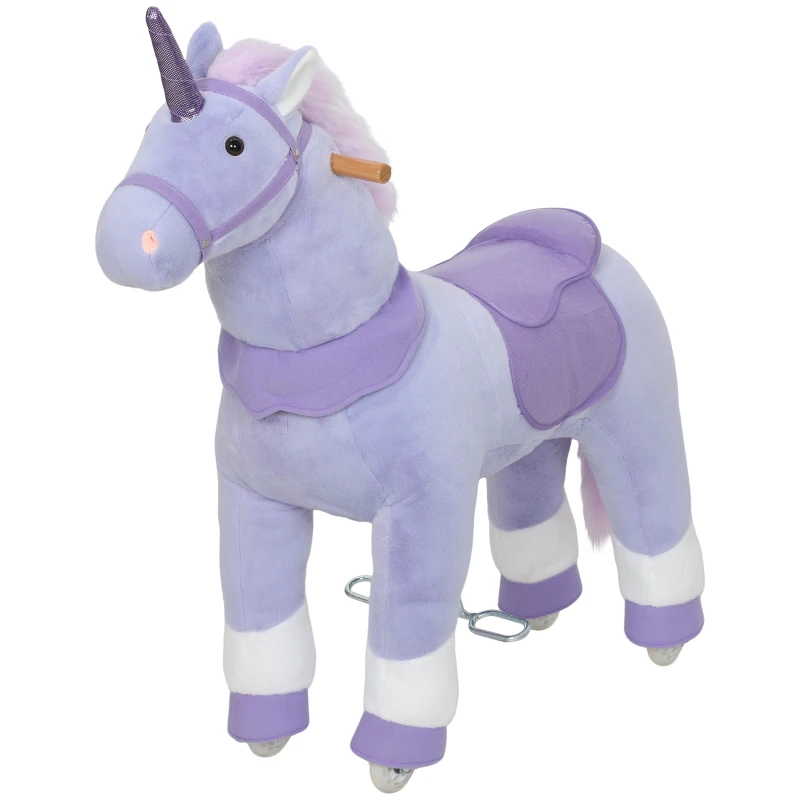 Qaba Ride on Unicorn Toy for Kids 4-7 Years, 37.8 Inch Plush Baby Rocking Horse with Wheels, No Battery Required, Purple