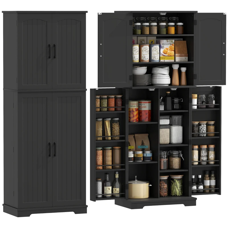HOMCOM Tall Pantry Cabinet, 64" Storage Cabinet with Adjustable Shelves and 8 Door Spice Racks for Kitchen, Dining Room, Black