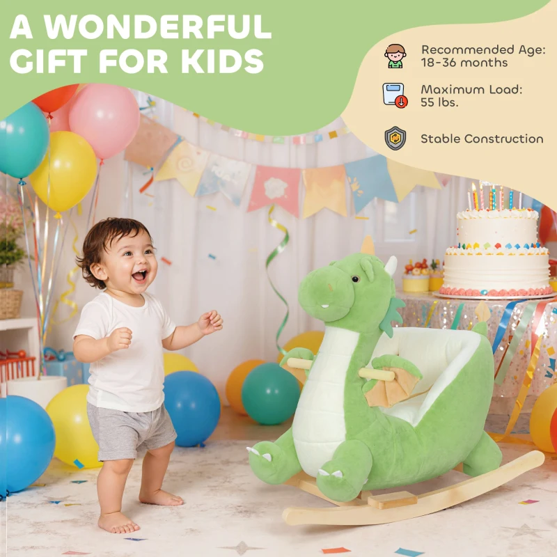 Qaba Baby Rocking Horse, Kids Ride On Dragon Toy with Realistic Dragon Roar and Safety Belt for Kids 18–36 Months, Green