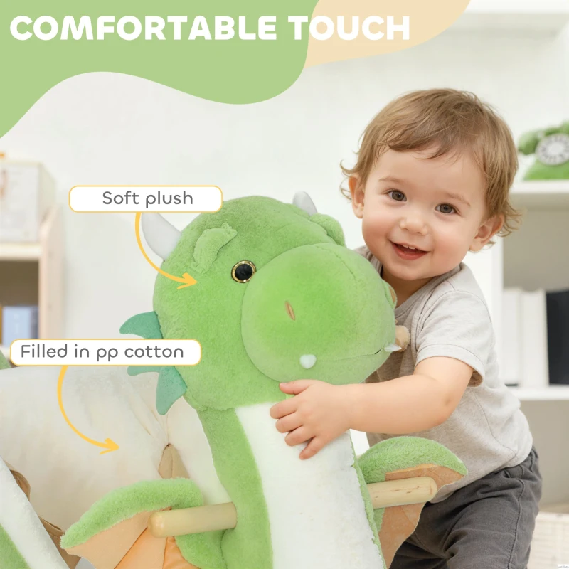 Qaba Baby Rocking Horse, Kids Ride On Dragon Toy with Realistic Dragon Roar and Safety Belt for Kids 18–36 Months, Green
