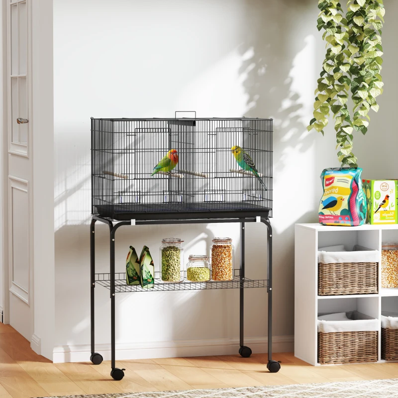 PawHut 46" H Bird Cage, Large Parakeet Cage for Budgie, Lovebird, Canary, Finches with Divider, Black