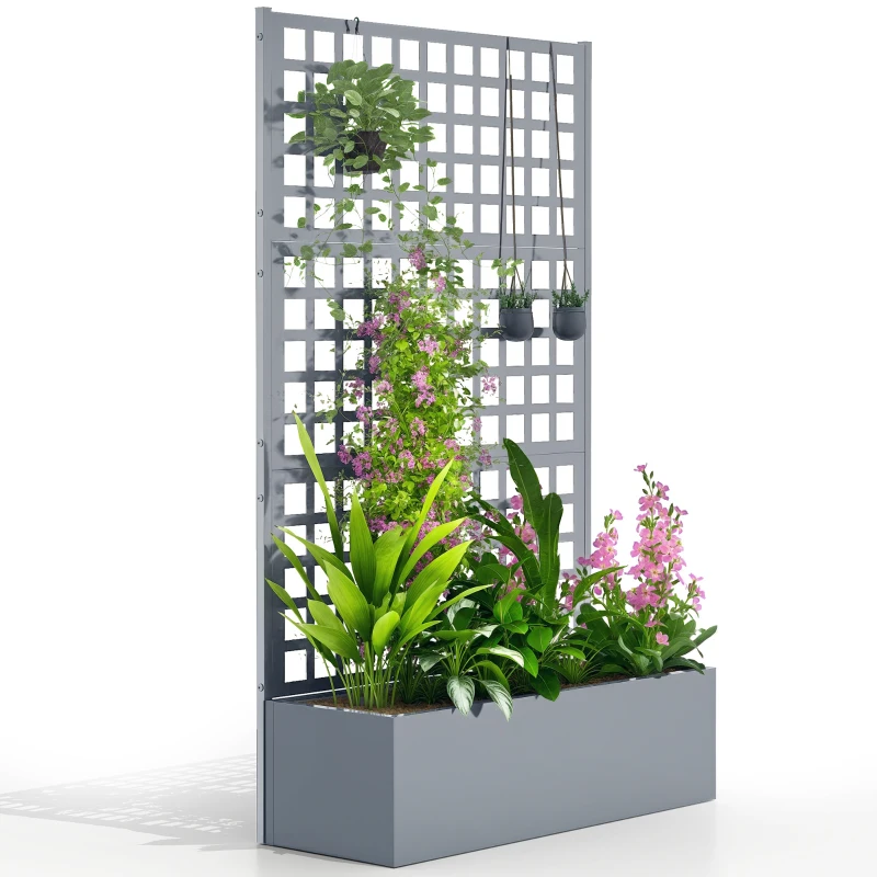 Outsunny Galvanized Raised Garden Bed Planter Box with Trellis for Climbing Plant Vegetable Vine, 43"x16"x70", Grey Wood Effect