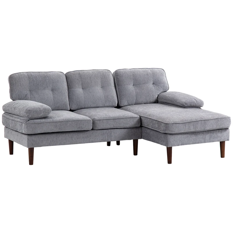 HOMCOM Modern Corner Couch with Right Chaise Lounge, Tufted 3-Seater Sofa with Wooden Legs for Living Room, Grey