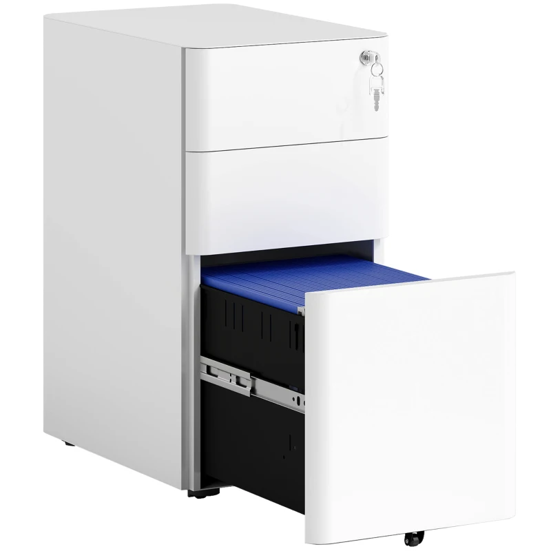 Vinsetto 3 Drawer Filing Cabinet, Lockable Steel Office Storage Cabinet with Hanging Bar for Letter, A4, Legal Files, White