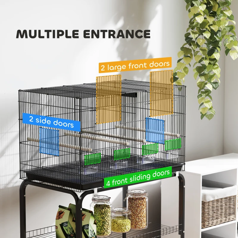 PawHut 46" H Bird Cage, Large Parakeet Cage for Budgie, Lovebird, Canary, Finches with Divider, Black