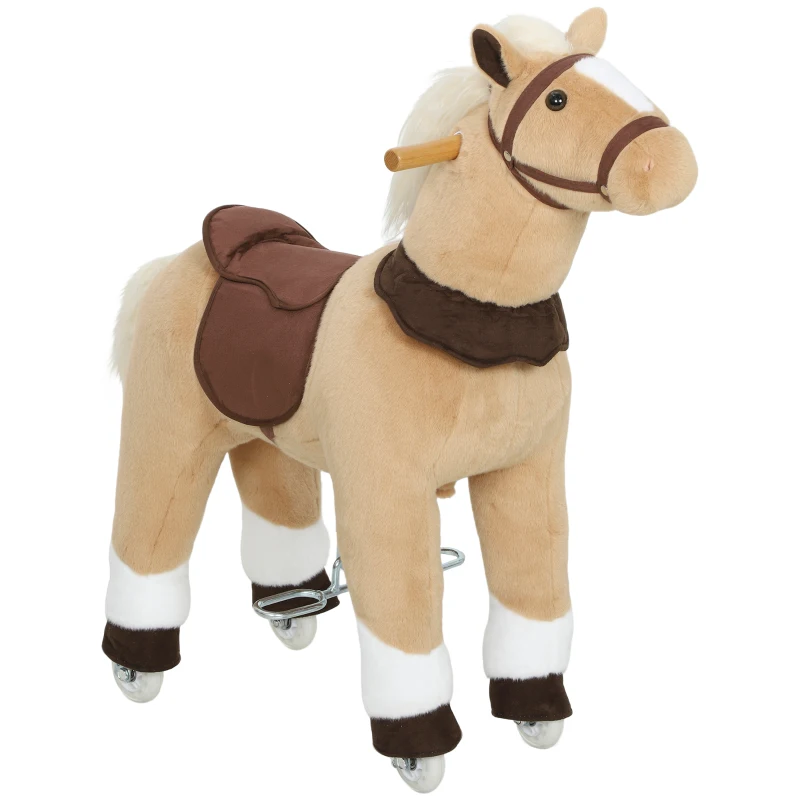 Qaba Ride on Horse, Plush Riding Pony for Ages 3-5, Walking Horse Animal with Wheels for Active Play, Brown