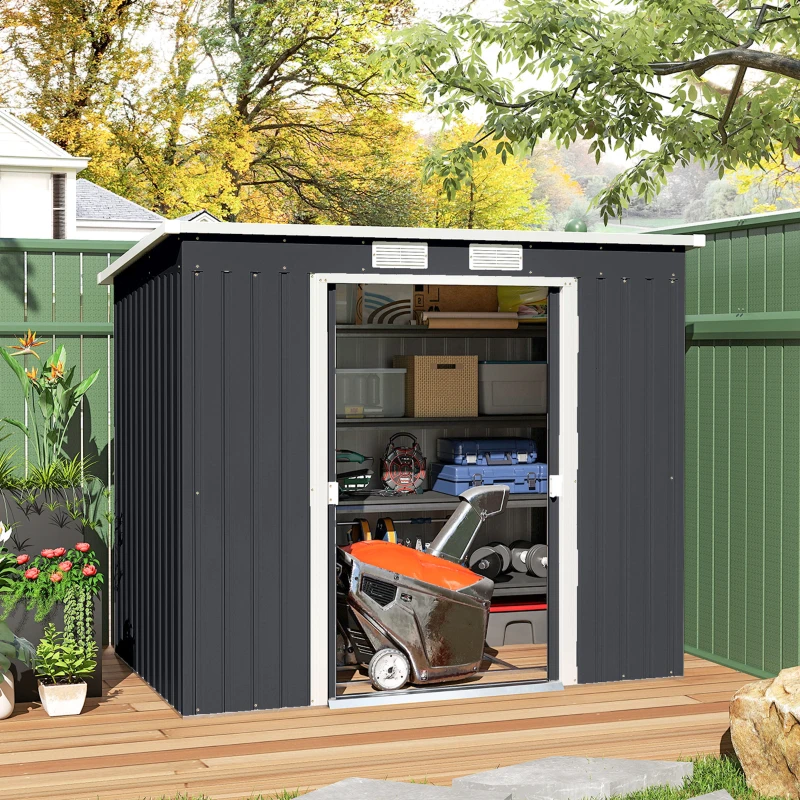Outsunny 7 x 4ft Galvanised Steel Garden Shed, with Foundation Kit - Dark Grey
