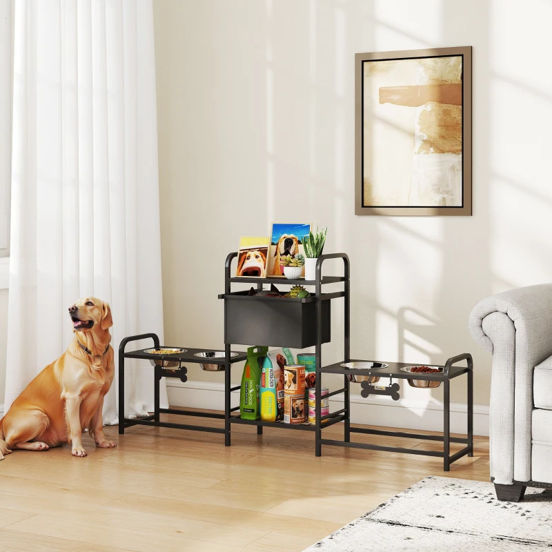PawHut 3 Height Adjustable Dog Bowl Stand with 2 Feeding Stations, Toy Bin Basket, Black