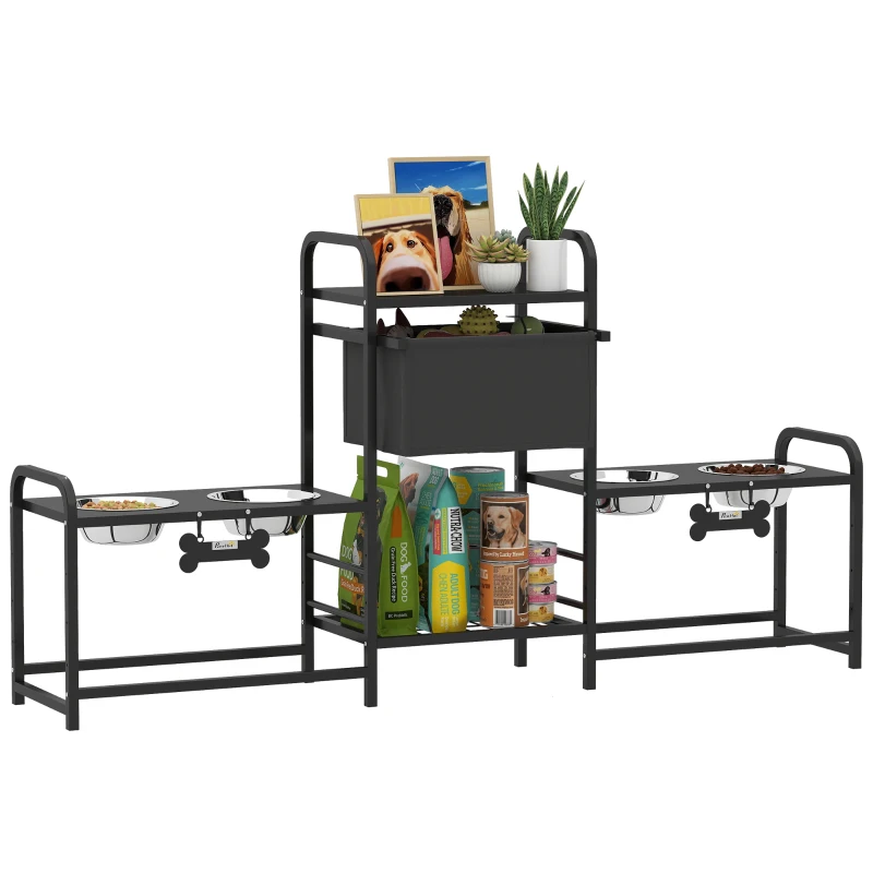 PawHut 3 Height Adjustable Dog Bowl Stand with 2 Feeding Stations, Toy Bin Basket, Black