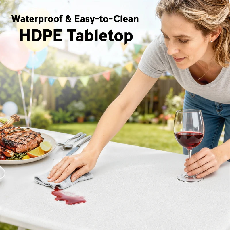 Outsunny 6FT 3 PCS Portable Camping Table and Chairs, Folding Picnic Table Bench Set with Carrying Handles for BBQ, Party, White