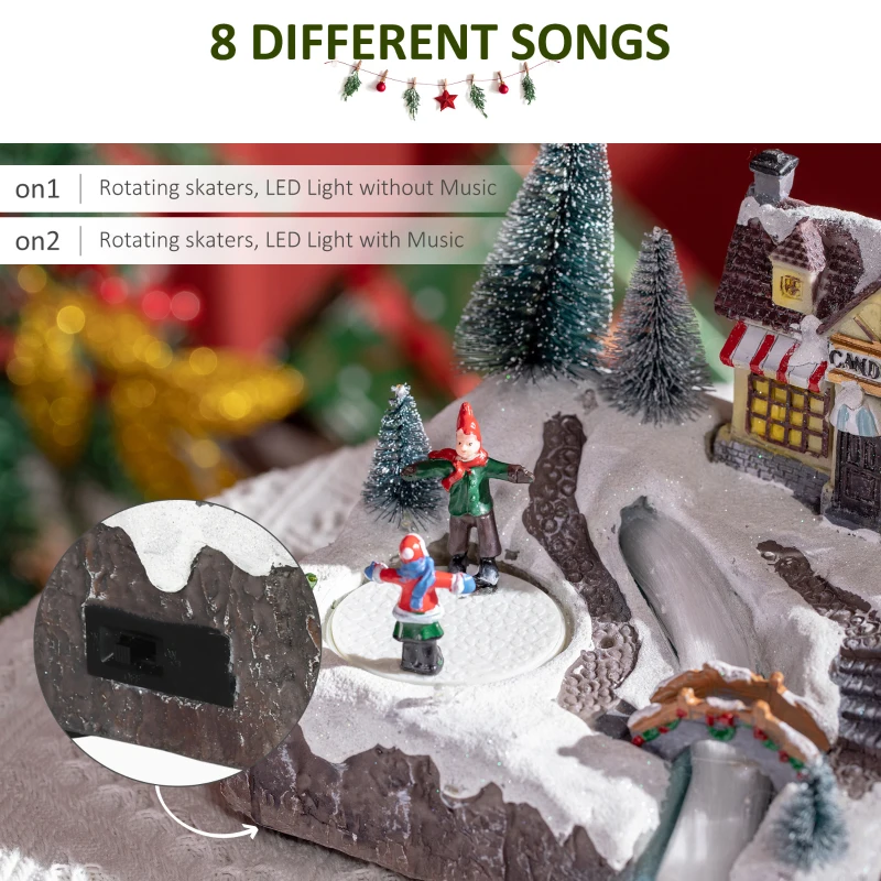 HOMCOM Animated Christmas Village Scene, Pre-Lit Musical Holiday Decoration with LED Lights, Fiber Optic, Rotating Skating Pond and 2 Skaters