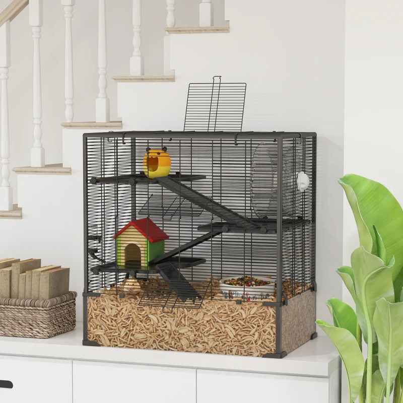 PawHut 4 Tier Hamster Cage with Deep Tempered Glass Bottom, Running Wheel, Hut, Water Bottle, Food Dish, 31" x 19" x 31.5"