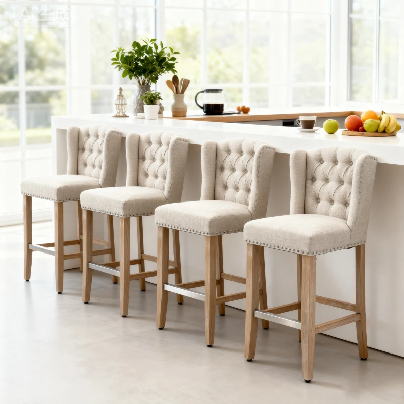 HOMCOM Counter Height Bar Stools Set of 2, 27" Seat Height Upholstered Barstools, Farmhouse Kitchen Island Stools with Nailhead-Trim, Tufted Back and Wooden Legs, Beige