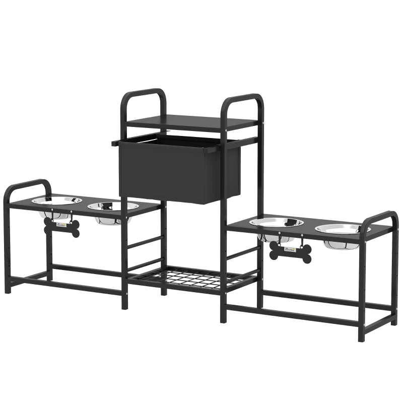 PawHut 3 Height Adjustable Dog Bowl Stand with 2 Feeding Stations, Toy Bin Basket, Black