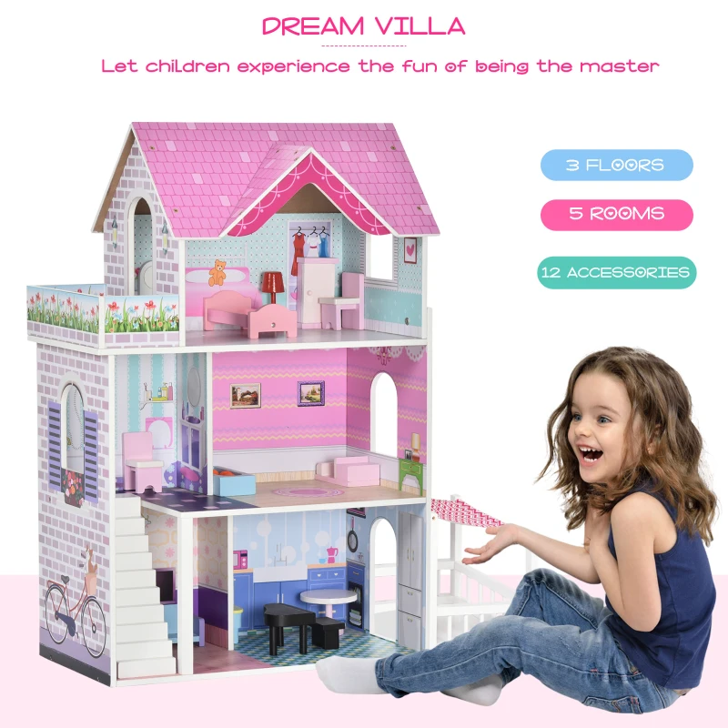 Qaba Kids Wooden Dollhouse Playset 3-Story Dream House Villa Kit with Sun Room, Balcony and 13 Accessories for ages 3+
