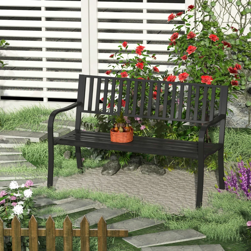 Outsunny 50" Outdoor Garden Bench, Patio Bench with Slatted Seat, Metal Porch Bench for Backyard, Poolside, Lawn, Black