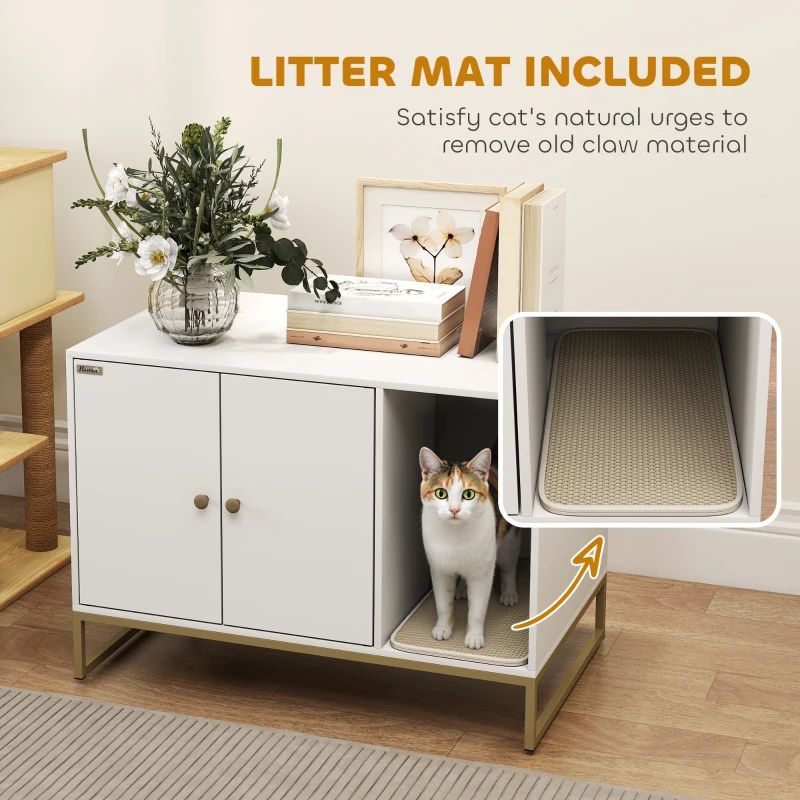PawHut Cat Litter Box Enclosure with Tall Legs, Litter Mat, Fits Mots of Litter Box, 31.5" x 20" x 22", White