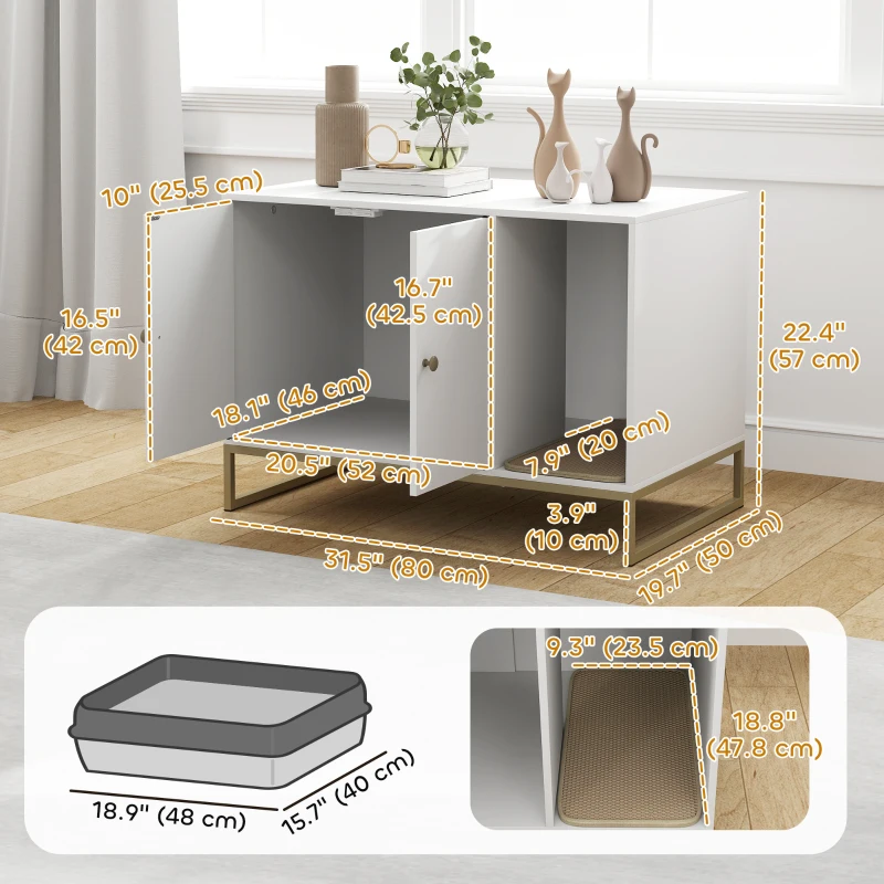 PawHut Cat Litter Box Enclosure with Tall Legs, Litter Mat, Fits Mots of Litter Box, 31.5" x 20" x 22", White