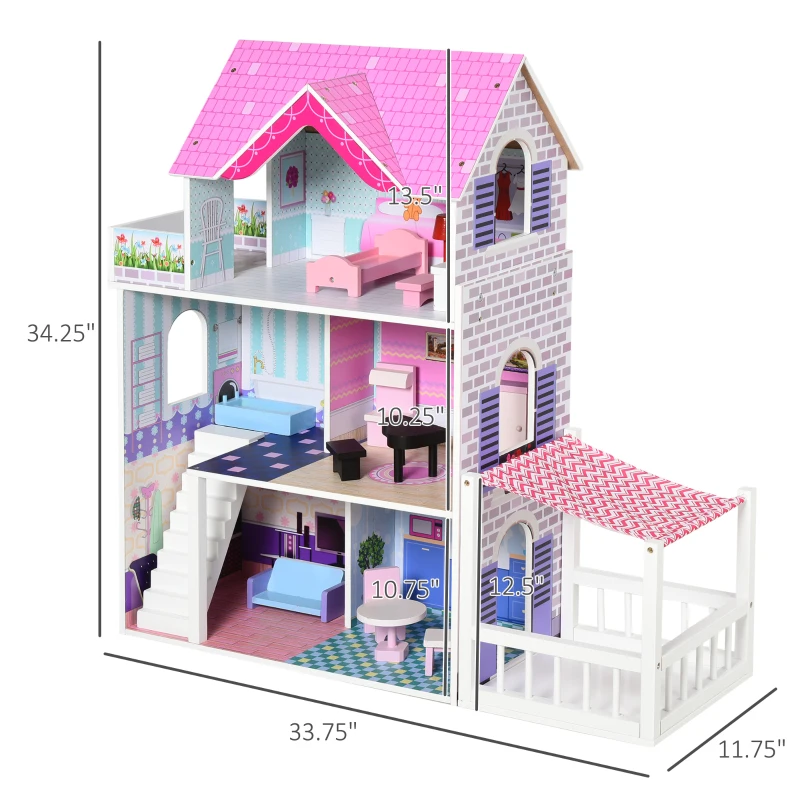 Qaba Kids Wooden Dollhouse Playset 3-Story Dream House Villa Kit with Sun Room, Balcony and 13 Accessories for ages 3+