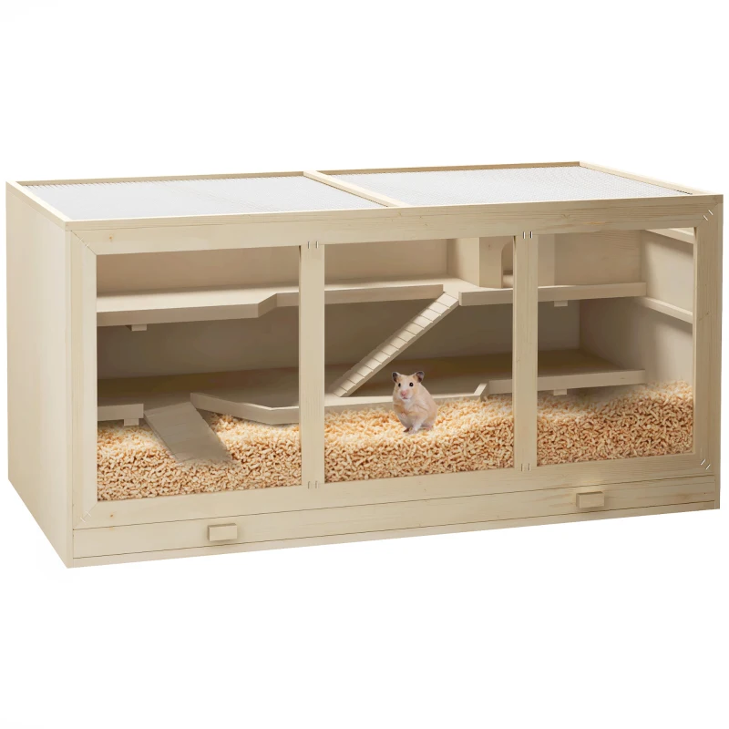 PawHut 45" Extra Large Wooden Hamster Cage, 3-Layer Rat Cage with Opening Roof, PVC Window, Small Animal Habitat for Gerbil, Dwarf & Syrian Hamsters, Natural