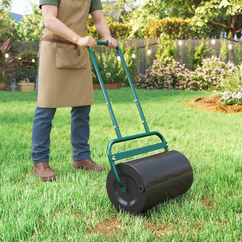 Outsunny Heavy Duty Lawn Roller, 20" Push/Tow Behind Sod Roller, Grass Flattener Filled with 11gal Water/136lbs Sand, Green