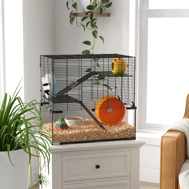 PawHut 23.5" Hamster Cage, Gerbil Cage with Glass Basin for Small Hamsters, Black