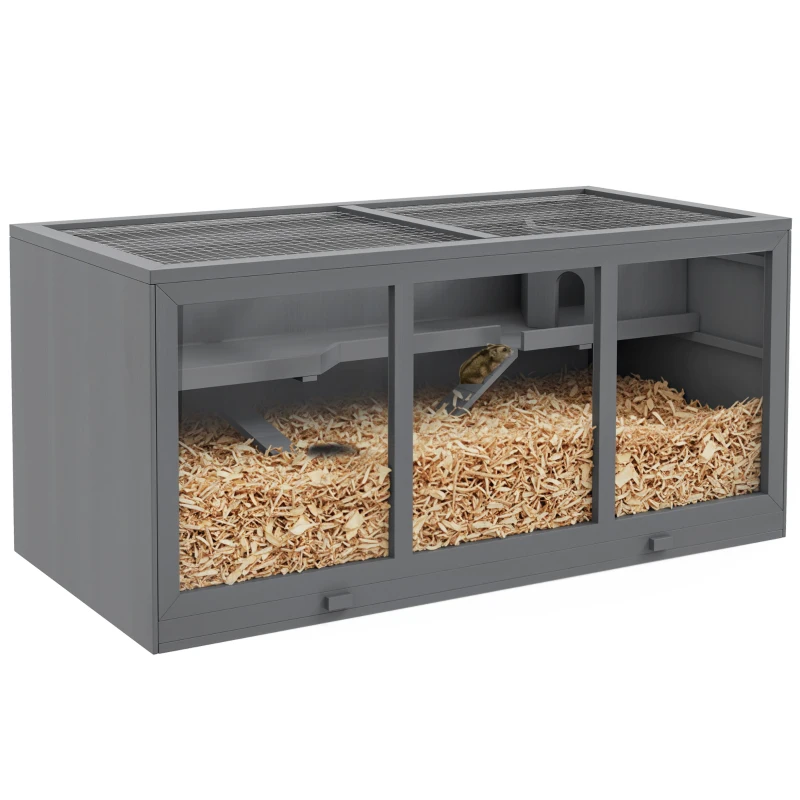 PawHut Extra Large Wooden Hamster Cage with Opening Roof, Hut, Ramps, Gray