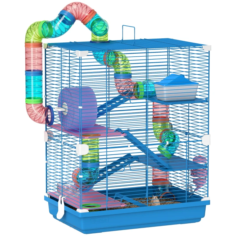PawHut 5 Tiers Hamster Cage Portable with Exercise Wheels Play Tube Water Bottle Dishes House Ladder for Gerbils, Blue