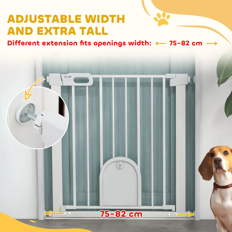 PawHut 30"-32" Extra Wide Pet Gate Barrier with Small Door, 30"H Dog Gate with Safety Gate Barrier, Stair Pressure Fit, White