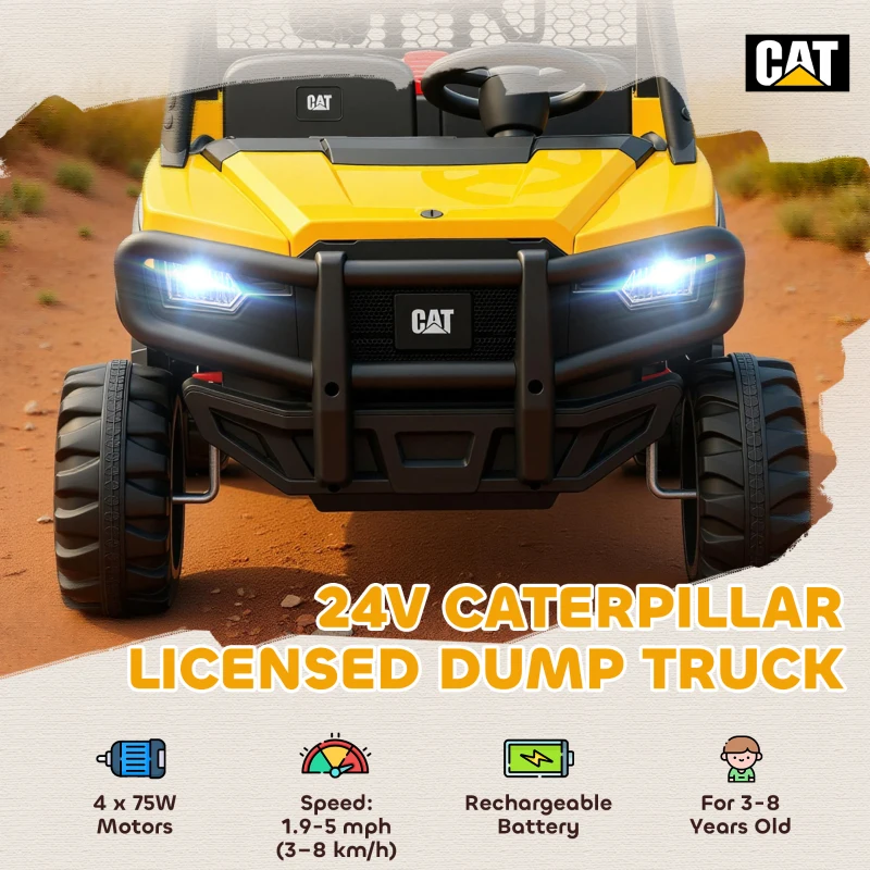 Qaba 24V Kids Ride on Tractor, 4WD 2 Seater Licensed Caterpillar Electric Vehicle with Remote Control, Dump Bed, Yellow