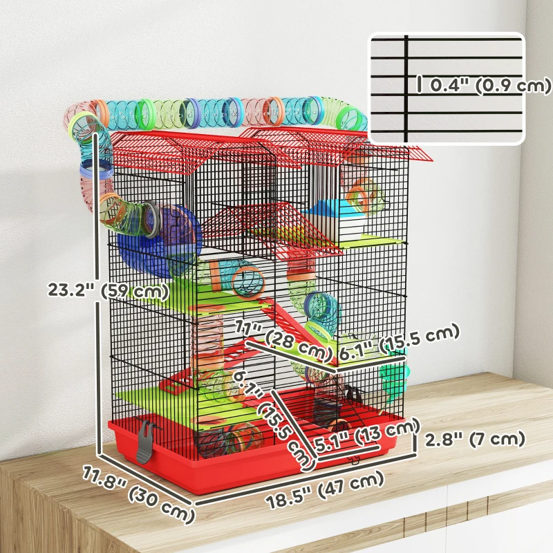 PawHut 18.5" Hamster Cage, 5 Tiers Small Animal House with Tunnel Tube System, Exercise Wheel, Water Bottle, Red