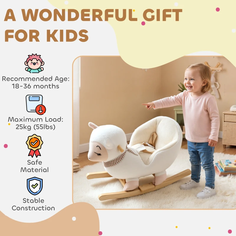 Qaba Baby Rocking Horse, Sheep Rocking Horse with Lullaby Song for Toddlers 18–36 Months, White