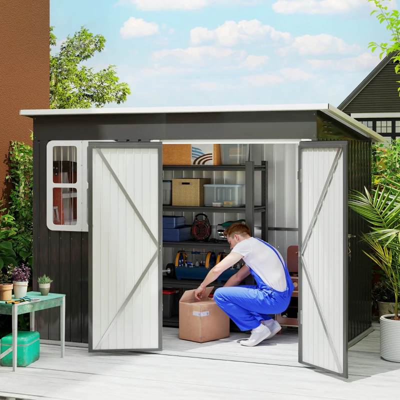 Outsunny 8.5' x 6' Galvanised Steel Outdoor Storage Shed, Garden Shed with Window, Lockable Wide Doors and Air Vents, Dark Grey