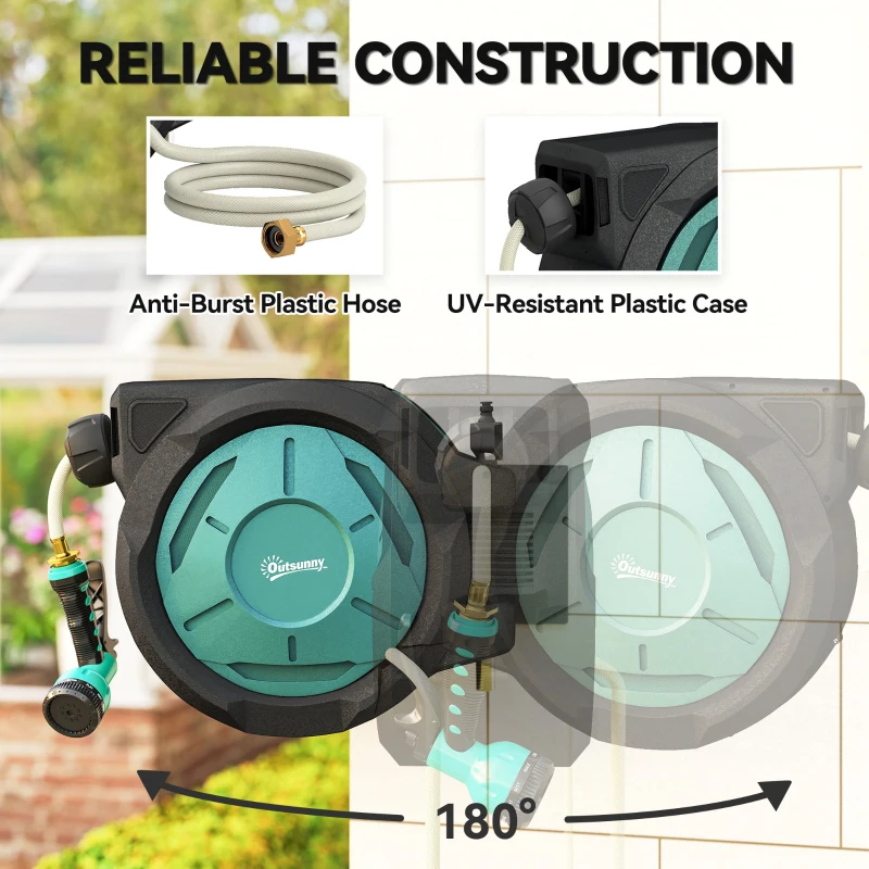 Outsunny 1/2 in x 65ft Wall Mounted Garden Hose Reel, Retractable Water Hose Reel with Auto Rewind, Any Length Lock, Blue