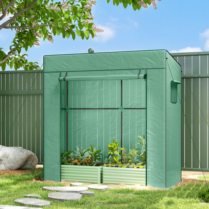 Outsunny Walk-in Tomato Greenhouse Lean-to Green House with Reinforced PE Cover, Roll-up Door, Mesh Windows, Green