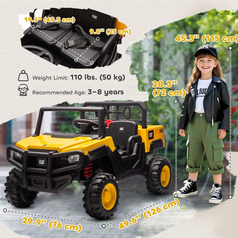 Qaba 24V Kids Ride on Tractor, 4WD 2 Seater Licensed Caterpillar Electric Vehicle with Remote Control, Dump Bed, Yellow