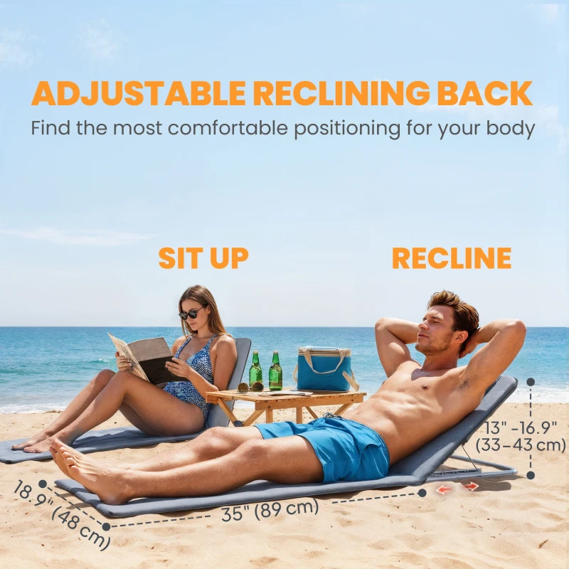 Outsunny 2 Pieces Beach Lounge Chair, Outdoor Folding Chaise Lounge Set w/ Pillow for Sunbath, Snap, Grey